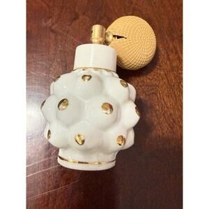 Vintage 1940s-60s Irice Gilt Milk Glass Perfume Bottle Hobnail Atomizer